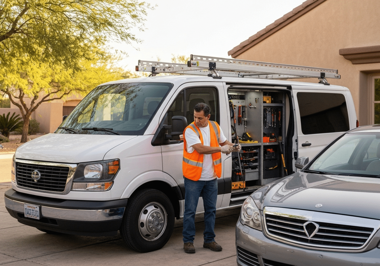 Mobile auto glass service van in a Tucson driveway