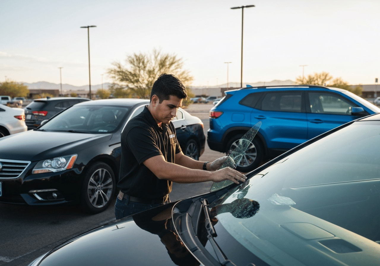 Windshield replacement in a Tucson office parking lot